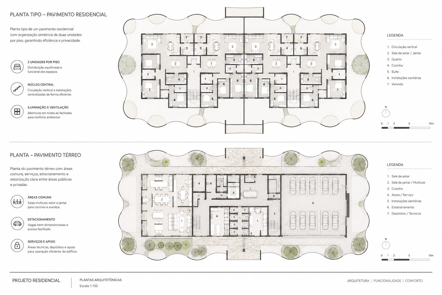 Plantas arquitectónicas — pavimento tipo residencial e pavimento térreo, escala 1:150